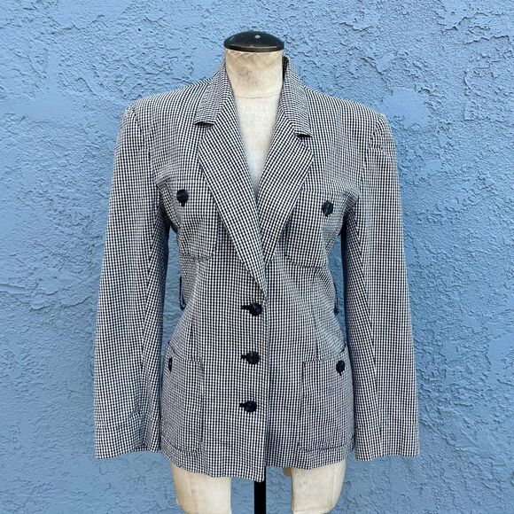 80s Calvin Klein Blazer Small Black and white plaid checkered Fitted Jacket - Picture 10 of 10